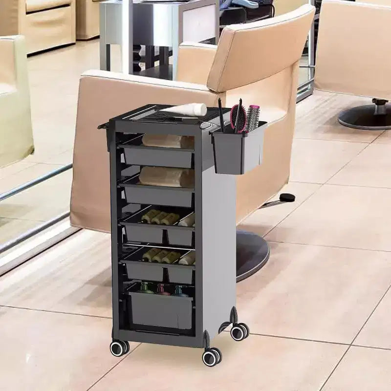Carrello da salone, carrello portaoggetti, carrello portaoggetti per attrezzature da parrucchiere, supporto per asciugacapelli, 6 vassoi portaoggetti extra e strumento a combinazione libera, 1 supporto