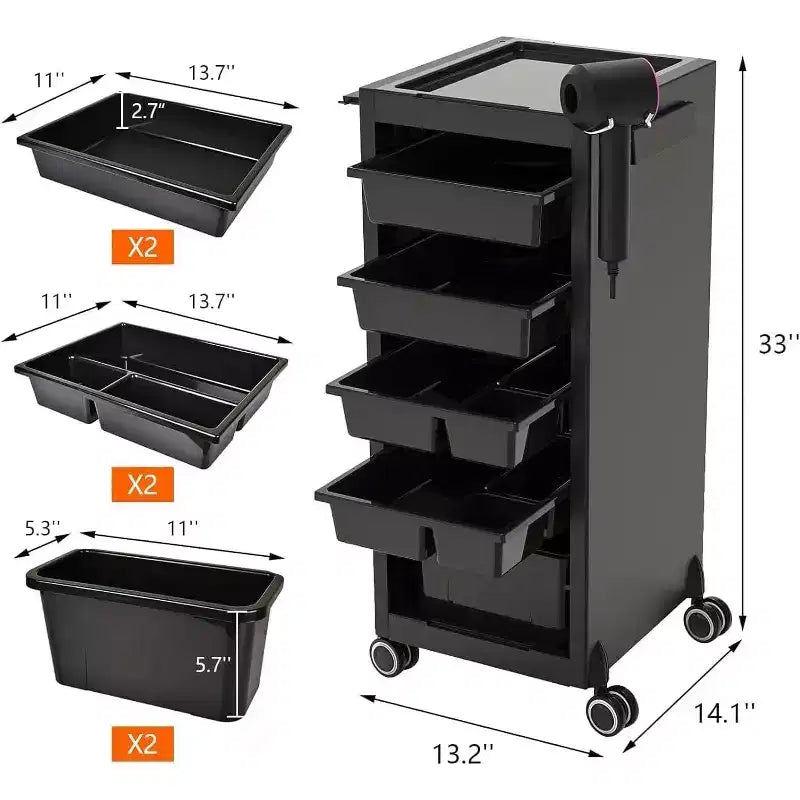 Carrello da salone, carrello portaoggetti, carrello portaoggetti per attrezzature da parrucchiere, supporto per asciugacapelli, 6 vassoi portaoggetti extra e strumento a combinazione libera, 1 supporto