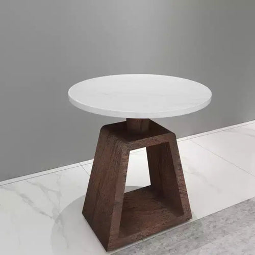 Royal Hampton 16.5 Inch Side End Table with Round White Genuine Marble Top and Handcrafted Mango Wood Base