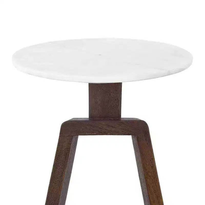 Tavolino da 42 cm con piano rotondo in vero marmo bianco e base artigianale in legno di mango