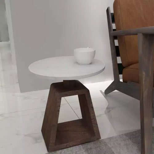 Tavolino da 42 cm con piano rotondo in vero marmo bianco e base artigianale in legno di mango