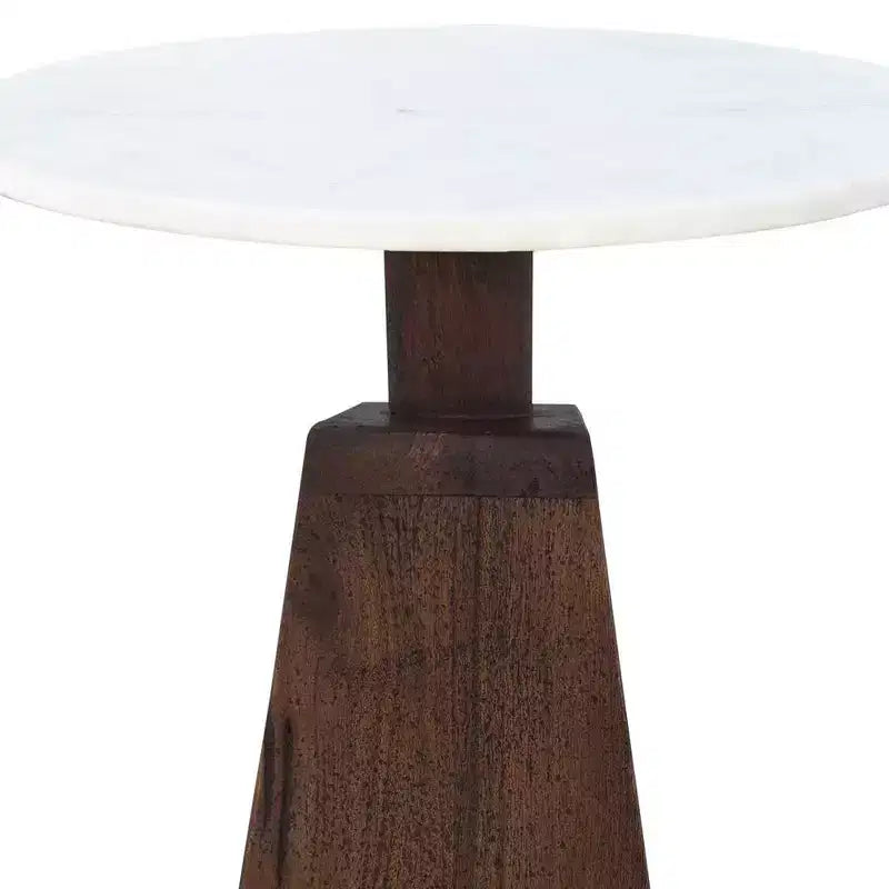 Tavolino da 42 cm con piano rotondo in vero marmo bianco e base artigianale in legno di mango
