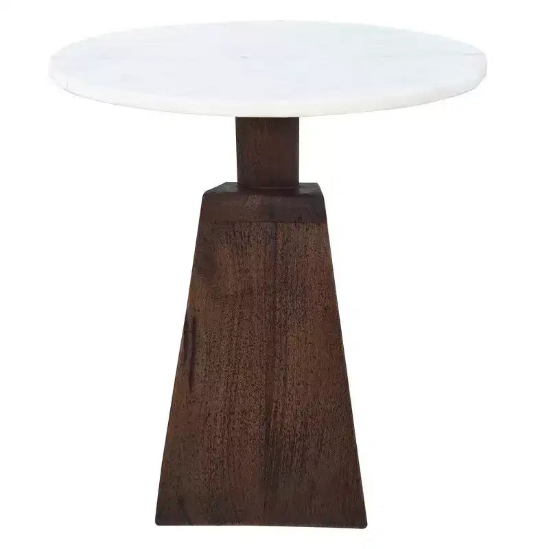 Tavolino da 42 cm con piano rotondo in vero marmo bianco e base artigianale in legno di mango