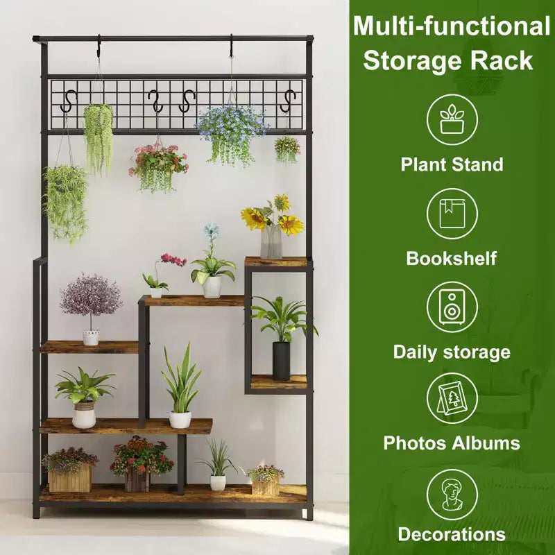 Scaffale per piante da interno a 7 ripiani con luci di crescita e ganci appendiabiti, supporto per piante alto in metallo per bonsai, fiori e decorazioni, organizer per balcone e soggiorno