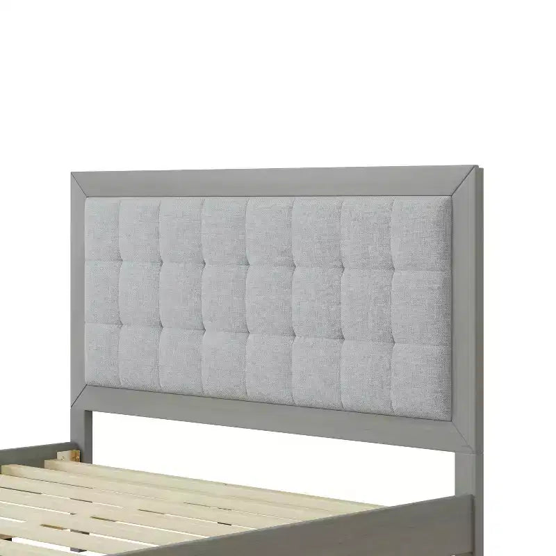 Letto a piattaforma Queen/King con struttura in legno massello moderna imbottita e testiera trapuntata quadrata, silenzioso, facile da montare