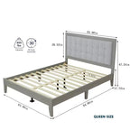 Letto a piattaforma Queen/King con struttura in legno massello moderna imbottita e testiera trapuntata quadrata, silenzioso, facile da montare