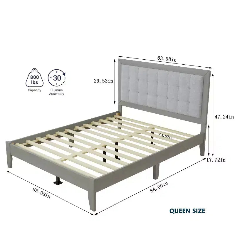 Letto a piattaforma Queen/King con struttura in legno massello moderna imbottita e testiera trapuntata quadrata, silenzioso, facile da montare
