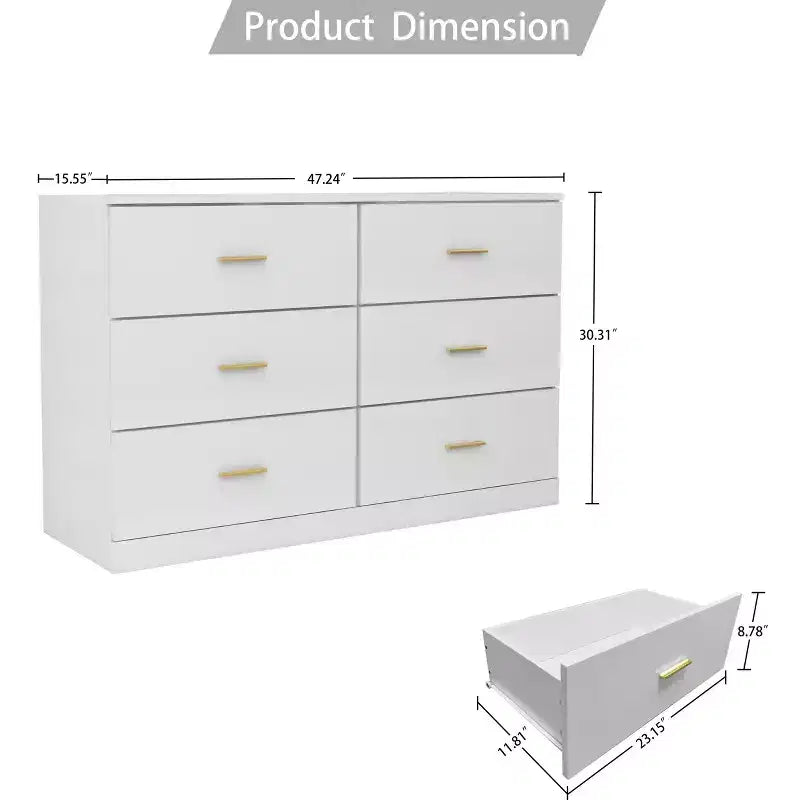 Comodino cassettiera minimalista per camera da letto con 6 cassetti, maniglie dorate, ampio contenitore per soggiorno, corridoio, camera dei bambini