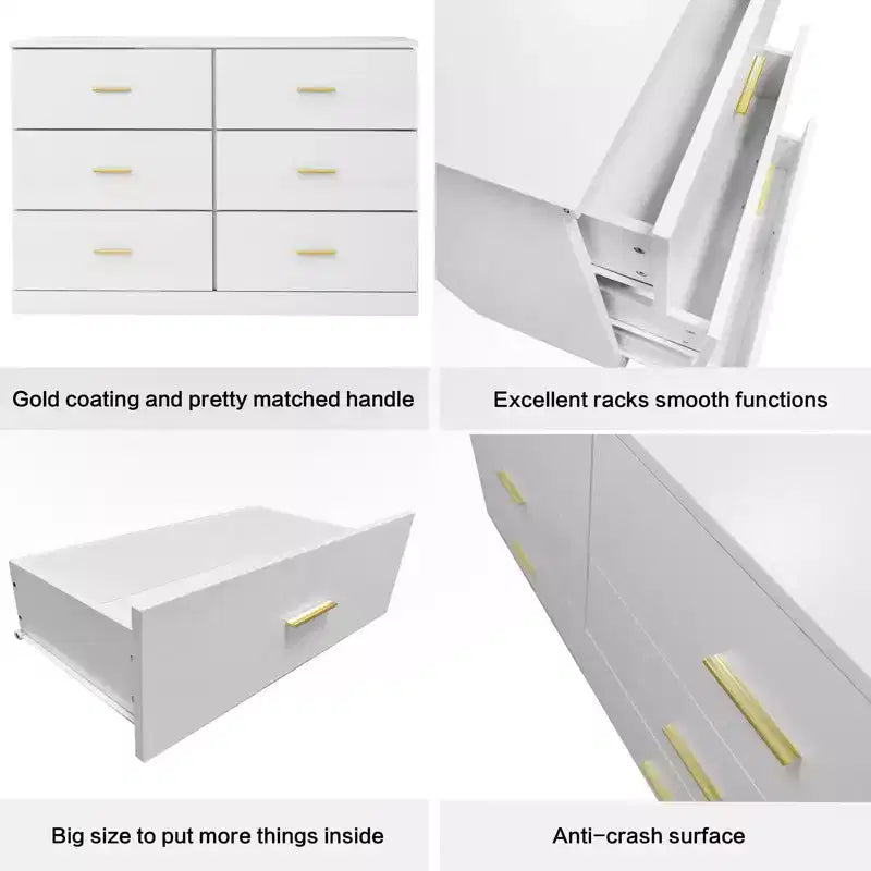 Comodino cassettiera minimalista per camera da letto con 6 cassetti, maniglie dorate, ampio contenitore per soggiorno, corridoio, camera dei bambini