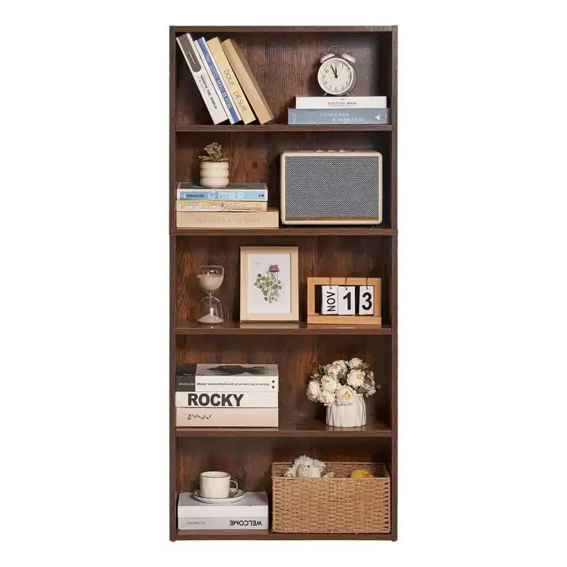 Libreria Stretta in Legno a 5 Ripiani, Alta 134 cm, Scaffale Aperto Regolabile, Autoportante, per Camera da Letto/Soggiorno/Ufficio/Biblioteca, Marrone