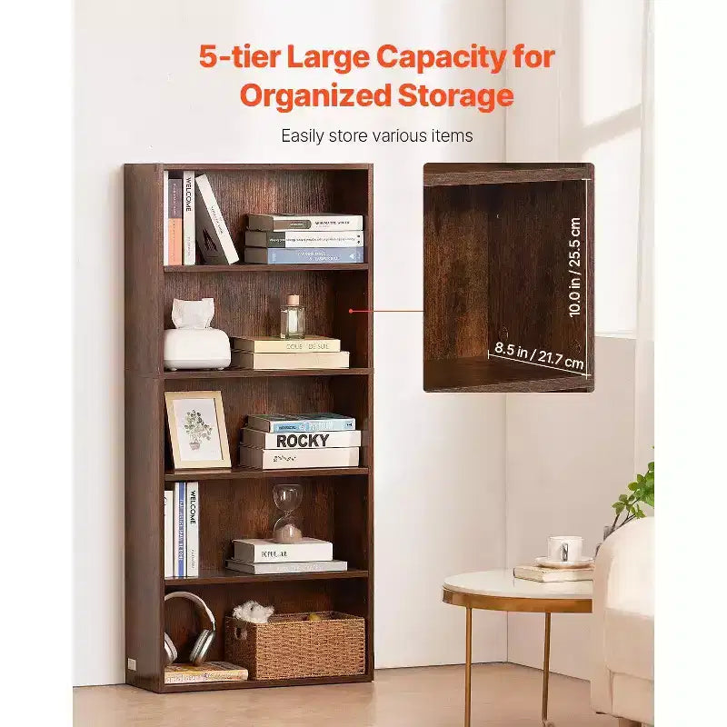 Libreria Stretta in Legno a 5 Ripiani, Alta 134 cm, Scaffale Aperto Regolabile, Autoportante, per Camera da Letto/Soggiorno/Ufficio/Biblioteca, Marrone