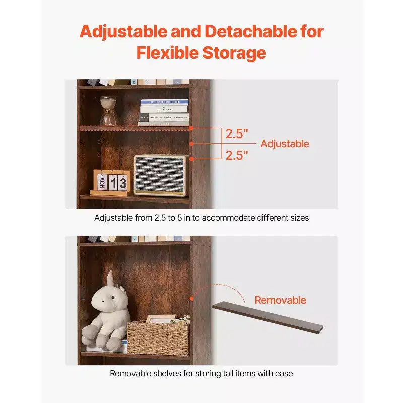 Libreria Stretta in Legno a 5 Ripiani, Alta 134 cm, Scaffale Aperto Regolabile, Autoportante, per Camera da Letto/Soggiorno/Ufficio/Biblioteca, Marrone