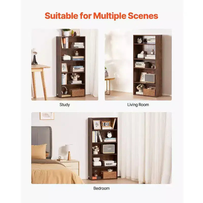 Libreria Stretta in Legno a 5 Ripiani, Alta 134 cm, Scaffale Aperto Regolabile, Autoportante, per Camera da Letto/Soggiorno/Ufficio/Biblioteca, Marrone
