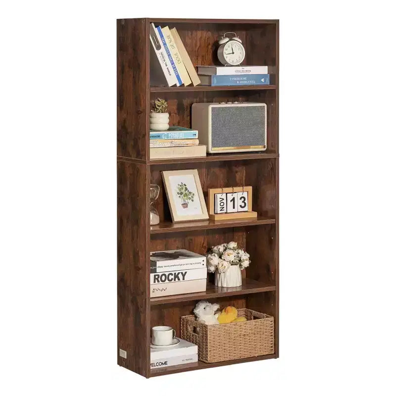 Libreria Stretta in Legno a 5 Ripiani, Alta 134 cm, Scaffale Aperto Regolabile, Autoportante, per Camera da Letto/Soggiorno/Ufficio/Biblioteca, Marrone