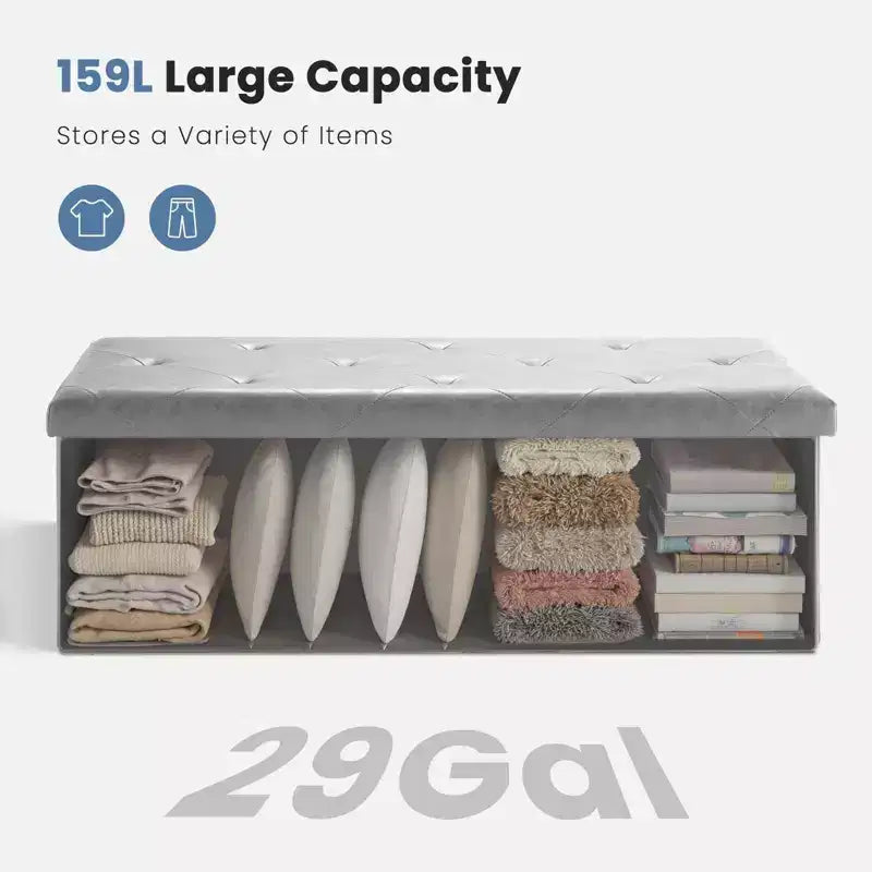 Panca Contenitore Ottomana Pieghevole da 110 cm, Poggiapiedi Imbottito, Panca Lunga per Scarpe, Carico 300 kg per Soggiorno, Ingresso, Camera da Letto, 110x38x38 cm