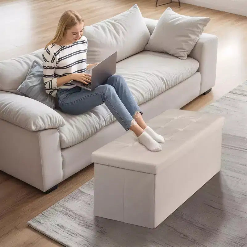 Panca Contenitore Ottomana Pieghevole da 110 cm, Poggiapiedi Imbottito, Panca Lunga per Scarpe, Carico 300 kg per Soggiorno, Ingresso, Camera da Letto, 110x38x38 cm