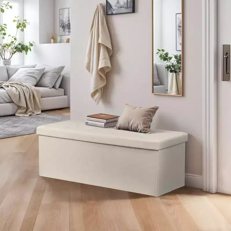 Panca Contenitore Ottomana Pieghevole da 110 cm, Poggiapiedi Imbottito, Panca Lunga per Scarpe, Carico 300 kg per Soggiorno, Ingresso, Camera da Letto, 110x38x38 cm