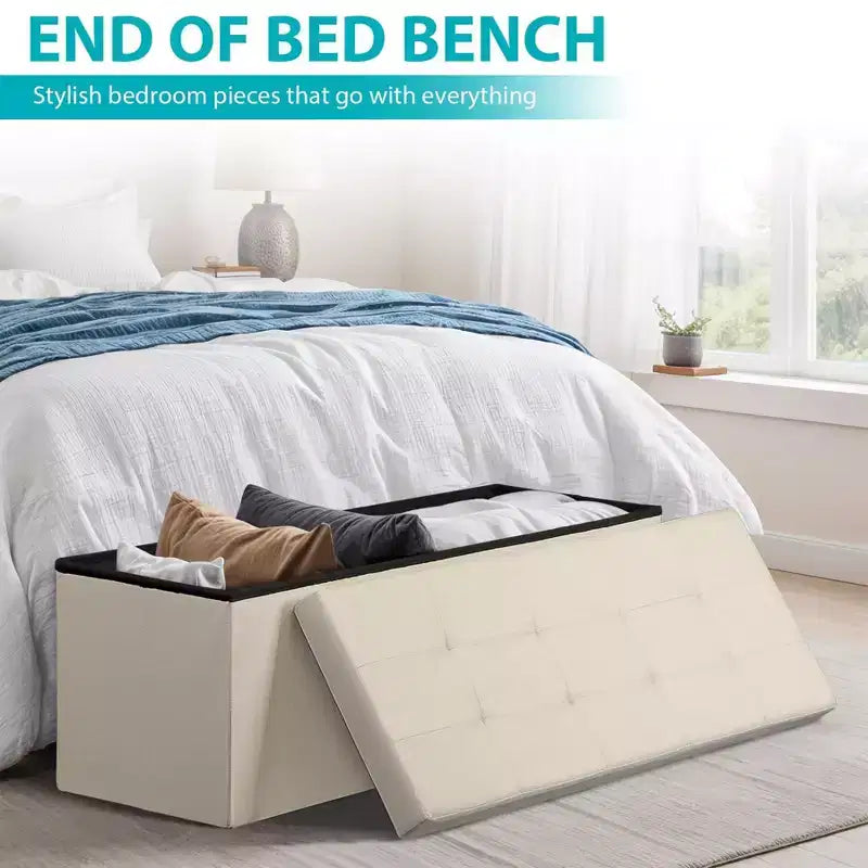 Panca Contenitore Ottomana Pieghevole da 110 cm, Poggiapiedi Imbottito, Panca Lunga per Scarpe, Carico 300 kg per Soggiorno, Ingresso, Camera da Letto, 110x38x38 cm