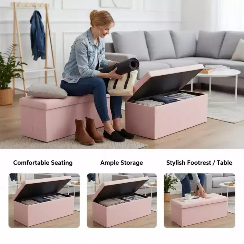 Panca Contenitore Ottomana Pieghevole da 110 cm, Poggiapiedi Imbottito, Panca Lunga per Scarpe, Carico 300 kg per Soggiorno, Ingresso, Camera da Letto, 110x38x38 cm