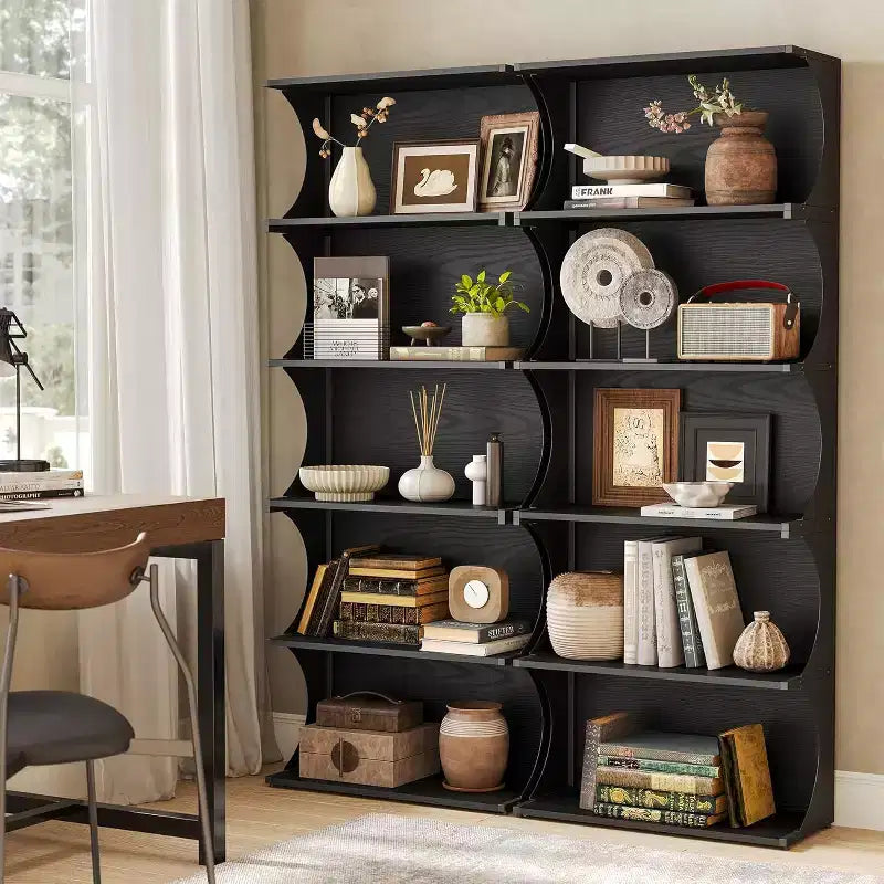 Libreria a 5 ripiani, scaffale aperto alto 180 cm con design unico a bordo curvo, espositore moderno per ufficio, soggiorno, camera da letto, nero