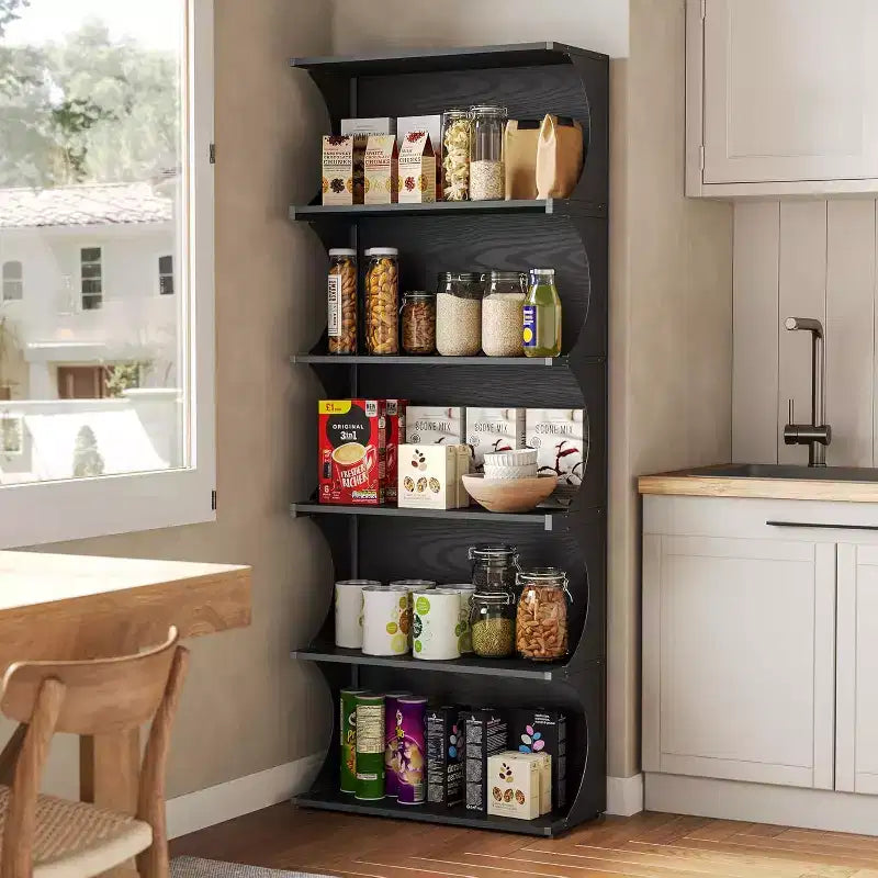 Libreria a 5 ripiani, scaffale aperto alto 180 cm con design unico a bordo curvo, espositore moderno per ufficio, soggiorno, camera da letto, nero
