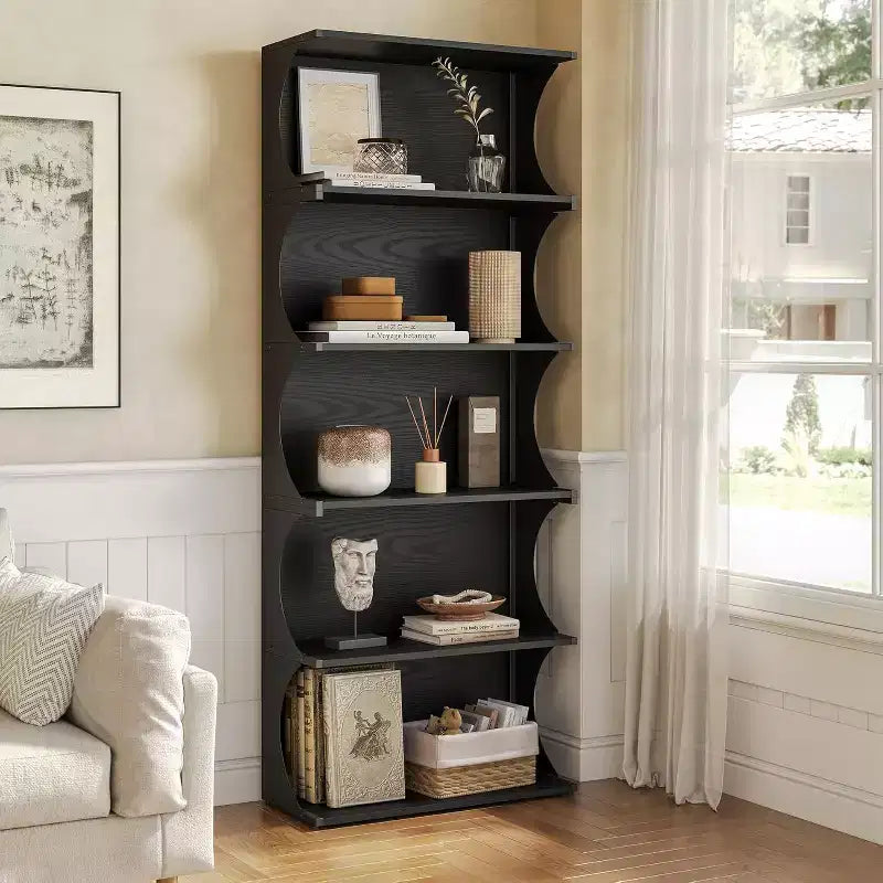 Libreria a 5 ripiani, scaffale aperto alto 180 cm con design unico a bordo curvo, espositore moderno per ufficio, soggiorno, camera da letto, nero