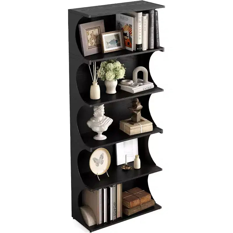 Libreria a 5 ripiani, scaffale aperto alto 180 cm con design unico a bordo curvo, espositore moderno per ufficio, soggiorno, camera da letto, nero