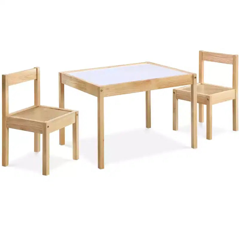Set di 3 pezzi Tavolo e Sedie per Bambini con Piano Lavagna in Legno Massello Finitura Naturale Durevole Include 2 Sedie