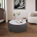 Drum-Shaped Leather Coffee Table with Sintered Stone Top and Grey Pattern