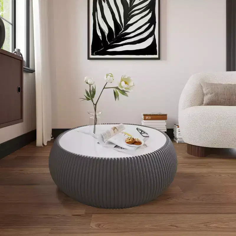 Drum-Shaped Leather Coffee Table with Sintered Stone Top and Grey Pattern
