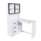 Scrivania per computer con vetrinetta e illuminazione LED integrata, scrivania angolare a L, con porte di ricarica USB e vassoio per tastiera, bianca