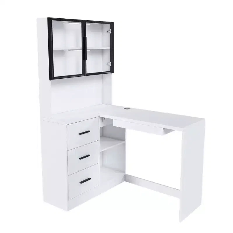 Scrivania per computer con vetrinetta e illuminazione LED integrata, scrivania angolare a L, con porte di ricarica USB e vassoio per tastiera, bianca