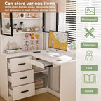 Scrivania per computer con vetrinetta e illuminazione LED integrata, scrivania angolare a L, con porte di ricarica USB e vassoio per tastiera, bianca