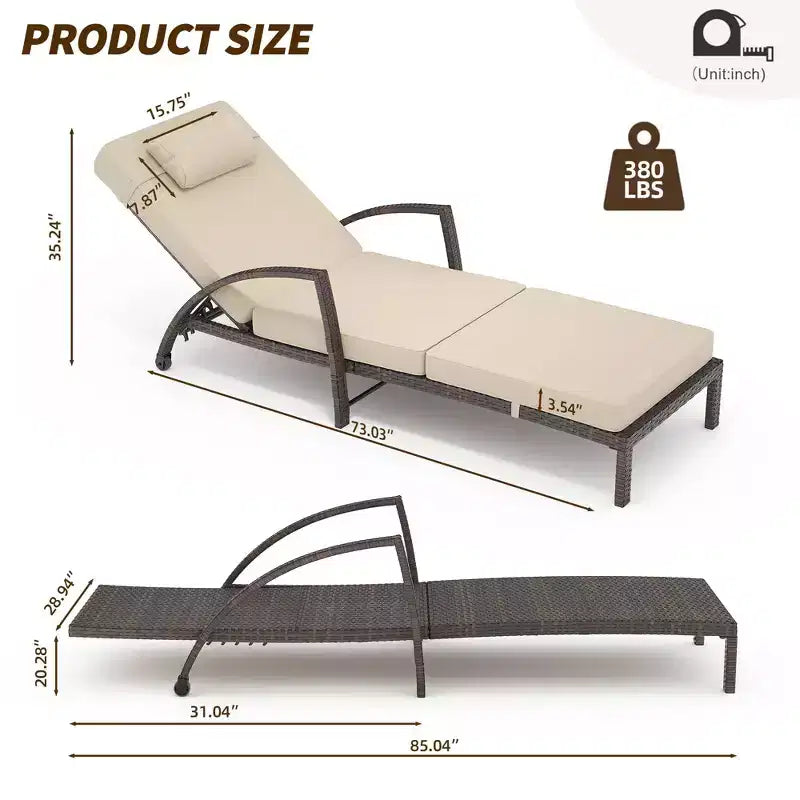 Set di 2 sdraio da esterno in rattan, pieghevoli, con schienale regolabile a 5 posizioni, con cuscino e poggiatesta, per patio e piscina