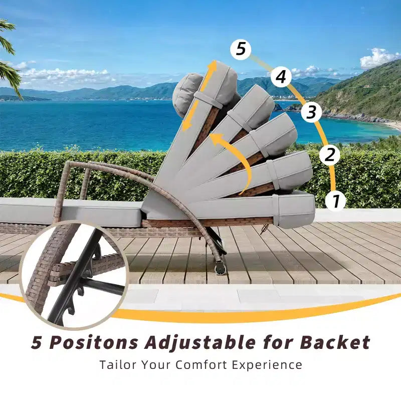 Set di 2 sdraio da esterno in rattan, pieghevoli, con schienale regolabile a 5 posizioni, con cuscino e poggiatesta, per patio e piscina