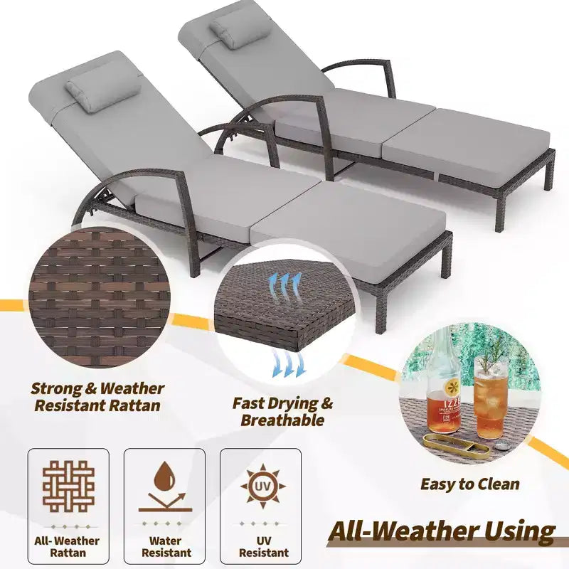 Set di 2 sdraio da esterno in rattan, pieghevoli, con schienale regolabile a 5 posizioni, con cuscino e poggiatesta, per patio e piscina