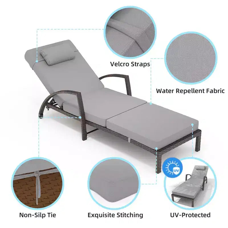 Set di 2 sdraio da esterno in rattan, pieghevoli, con schienale regolabile a 5 posizioni, con cuscino e poggiatesta, per patio e piscina