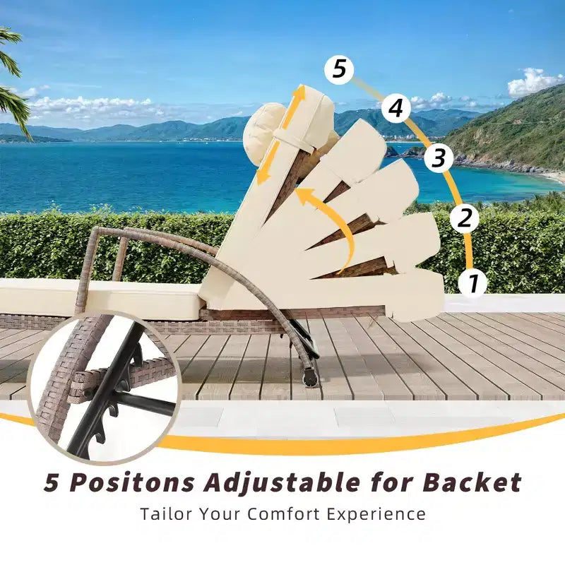 Set di 2 sdraio da esterno in rattan, pieghevoli, con schienale regolabile a 5 posizioni, con cuscino e poggiatesta, per patio e piscina