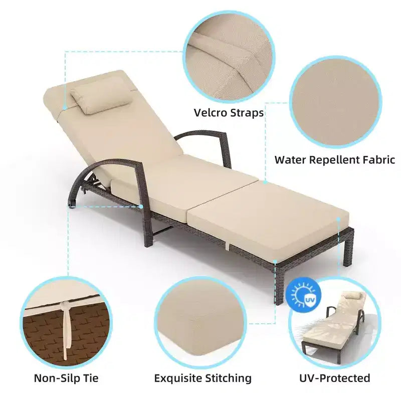 Set di 2 sdraio da esterno in rattan, pieghevoli, con schienale regolabile a 5 posizioni, con cuscino e poggiatesta, per patio e piscina