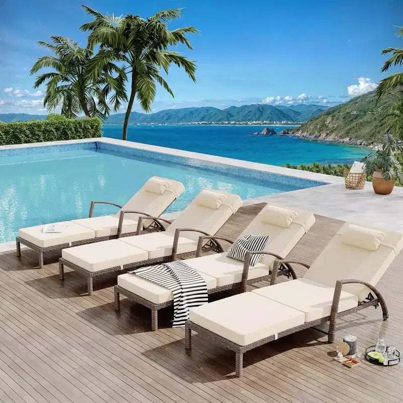 Set di 2 sdraio da esterno in rattan, pieghevoli, con schienale regolabile a 5 posizioni, con cuscino e poggiatesta, per patio e piscina