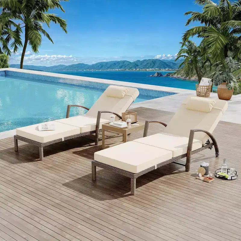 Coolmee Outdoor Chaise Lounge Set of 2 Rattan Patio Folding Chaise Lounge Adjustable 5 Position Back Patio Pool Lounge Chair with Cushion Pillow