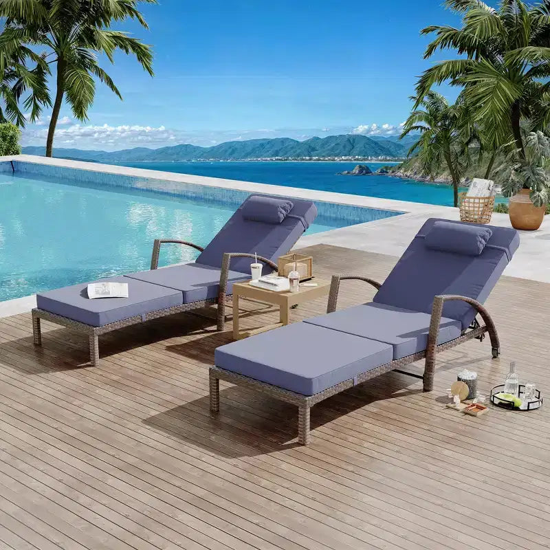 Set di 2 sdraio da esterno in rattan, pieghevoli, con schienale regolabile a 5 posizioni, con cuscino e poggiatesta, per patio e piscina