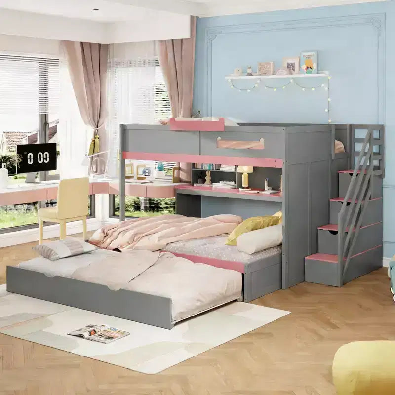 Letto a castello matrimoniale su matrimoniale con scalini contenitore, libreria illuminata regolabile e letto estraibile