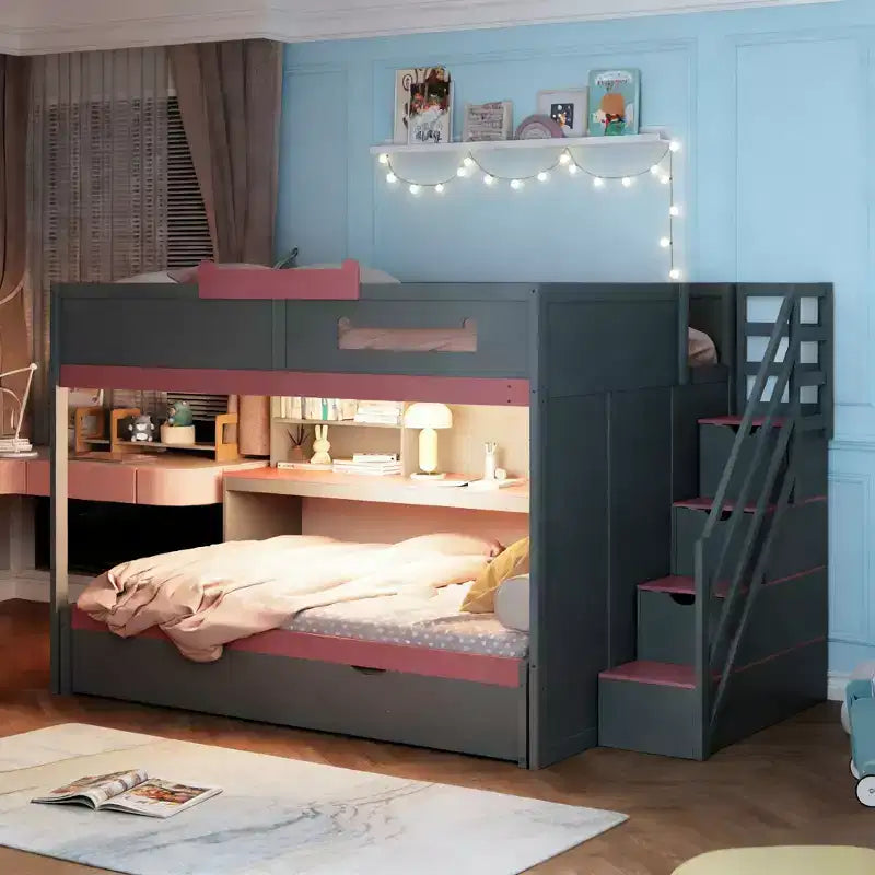 Letto a castello matrimoniale su matrimoniale con scalini contenitore, libreria illuminata regolabile e letto estraibile