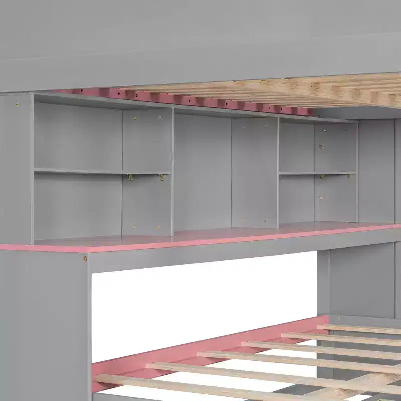 Letto a castello matrimoniale su matrimoniale con scalini contenitore, libreria illuminata regolabile e letto estraibile