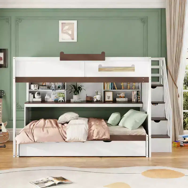Letto a castello matrimoniale su matrimoniale con scalini contenitore, libreria illuminata regolabile e letto estraibile