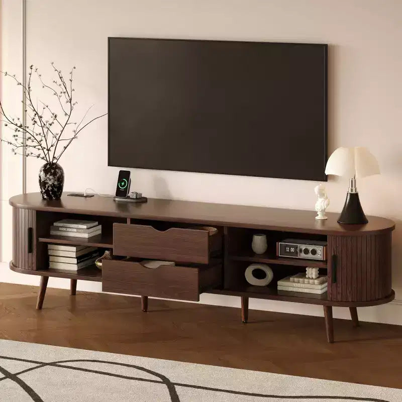 Mobile TV Mid-Century Modern Edwin 70 con anta a serrandina e presa di corrente