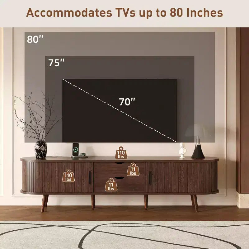 Mobile TV Mid-Century Modern Edwin 70 con anta a serrandina e presa di corrente