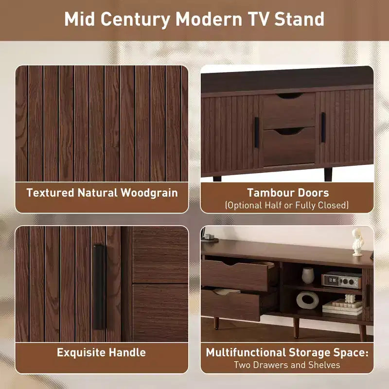 Mobile TV Mid-Century Modern Edwin 70 con anta a serrandina e presa di corrente
