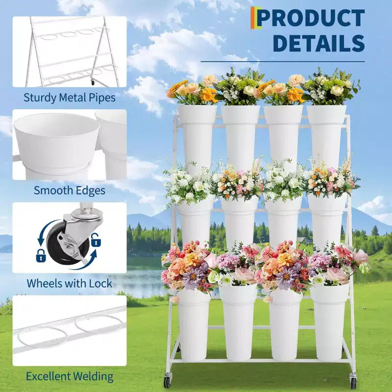 Espositore per Fiori, Carrello Porta Fiori a 3 Livelli con 12 Secchi Rotondi e Ruote, Espositore Mobile per Fiori per Giardino, Matrimoni, Fiorai